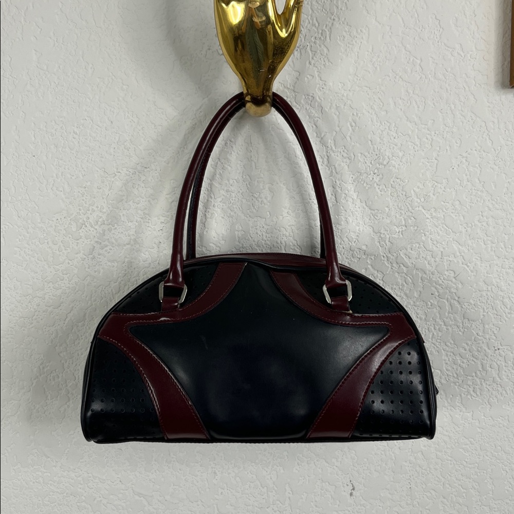 VTG Prada SS2000 RTW Bowler Black Merlor Burgundy Vitello Drive Bowling Bag Tote - Picture 9 of 13